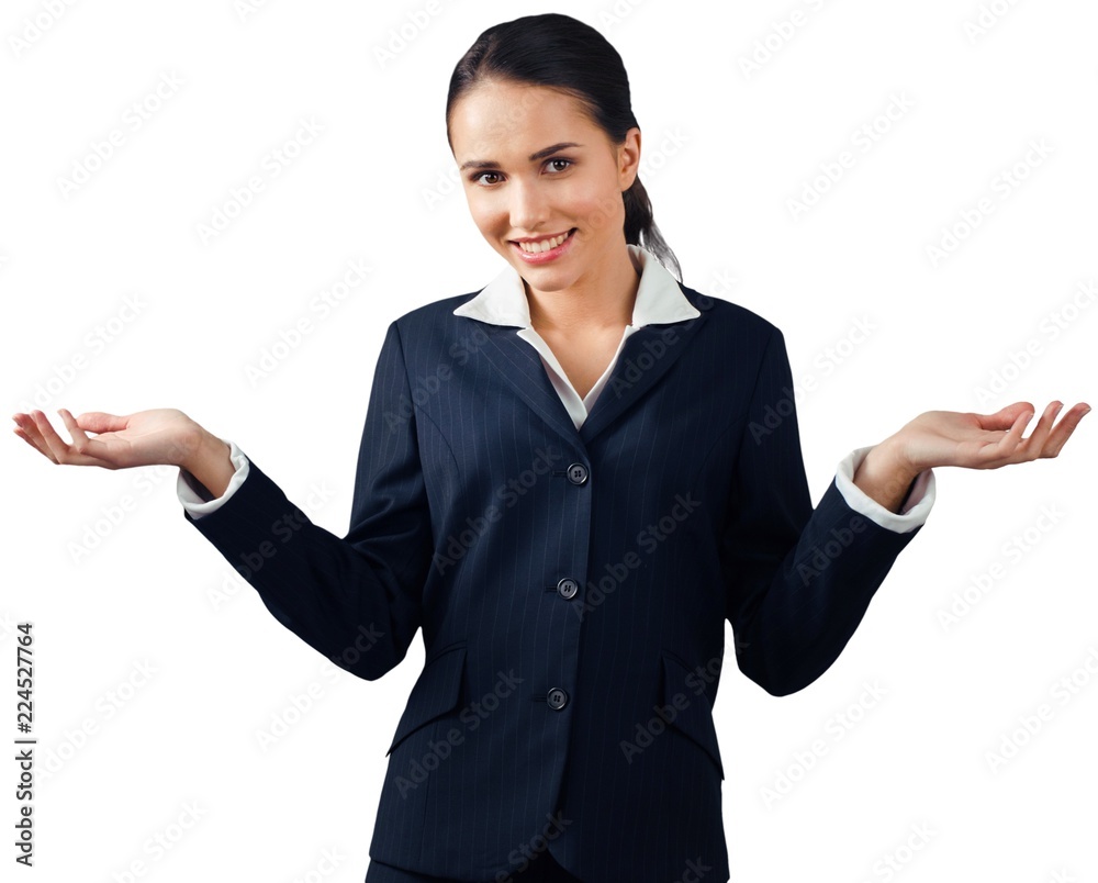 Friendly Businesswoman with Arms Open and Shrug - Isolated