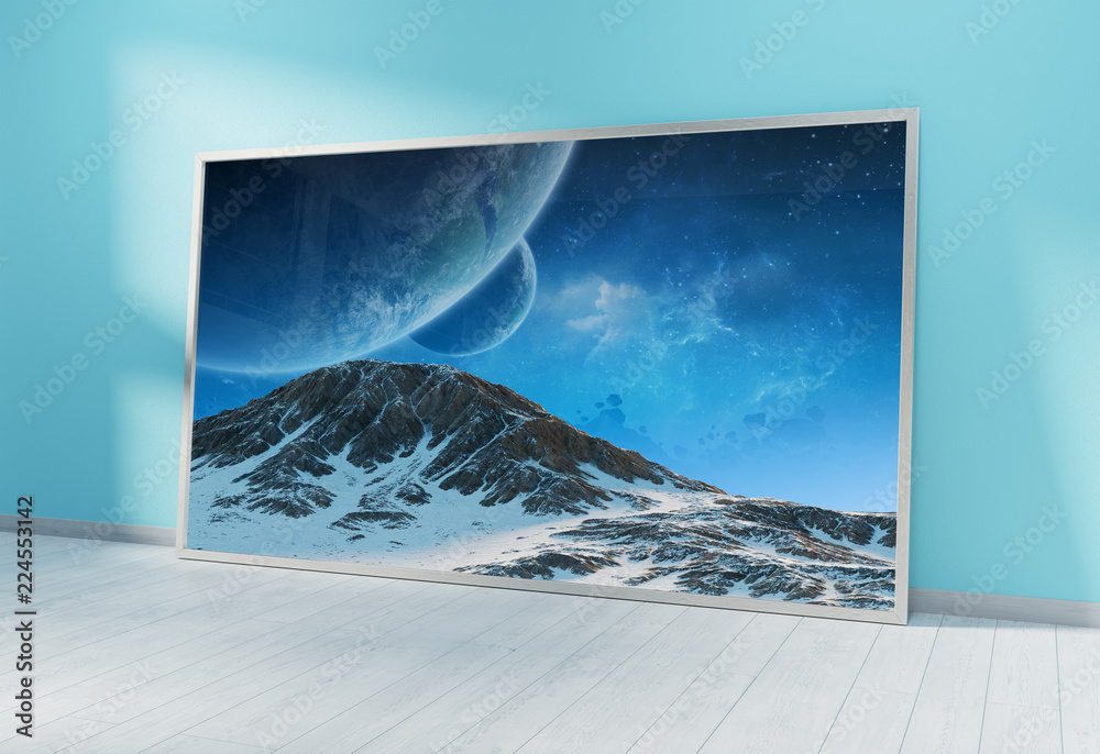 Large horizontal frame leaning on a blue wall 3D rendering