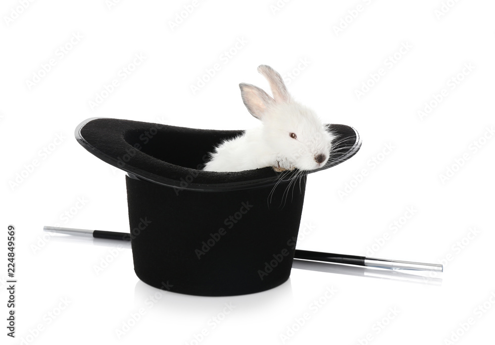 Magician hat with cute rabbit on white background