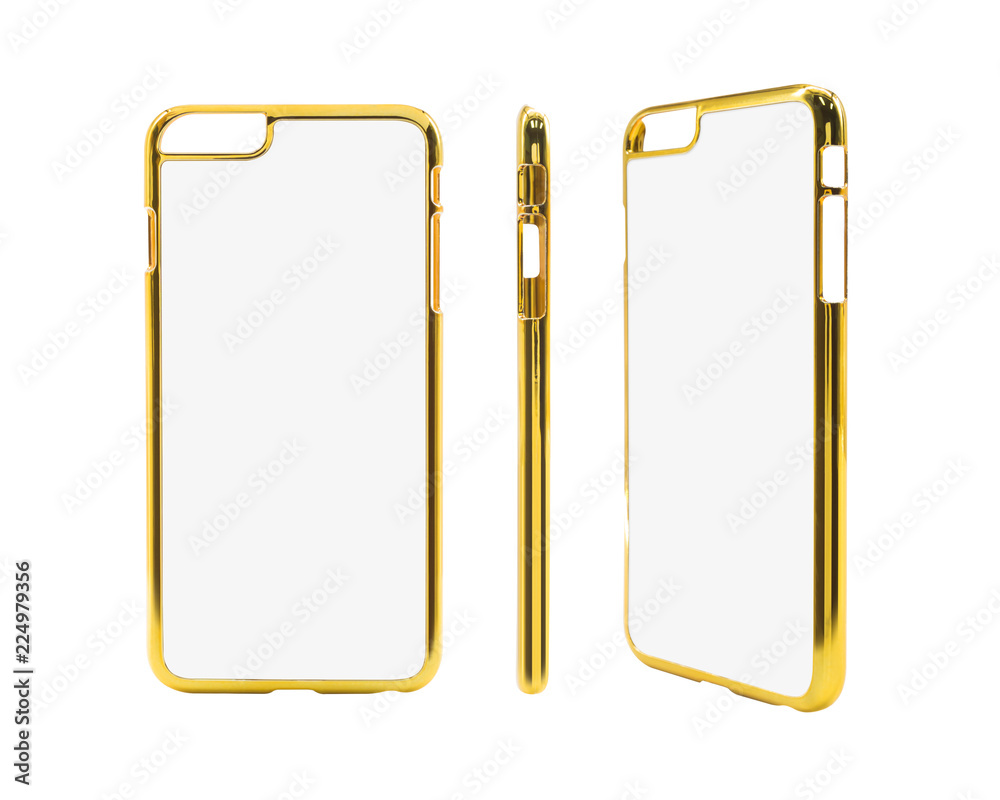 Golden smartphone case on isolated background with clipping path. Blank protection mobile mock up fo