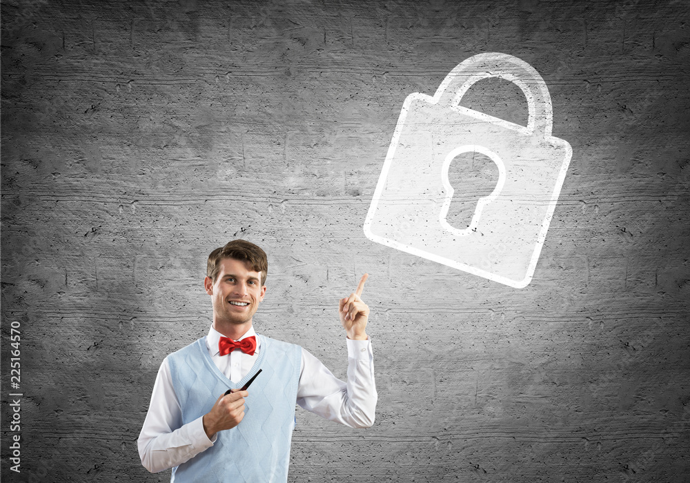 Elegant banker wearing red tie and lock sign as safety concept