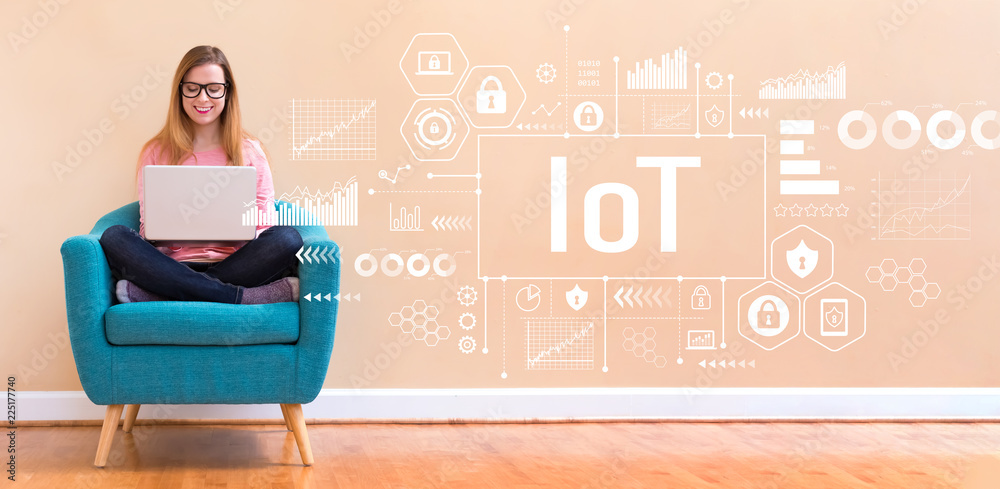 IoT with young woman using her laptop in a chair