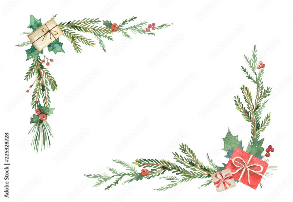 Watercolor Christmas wreath with fir branches and place for text.