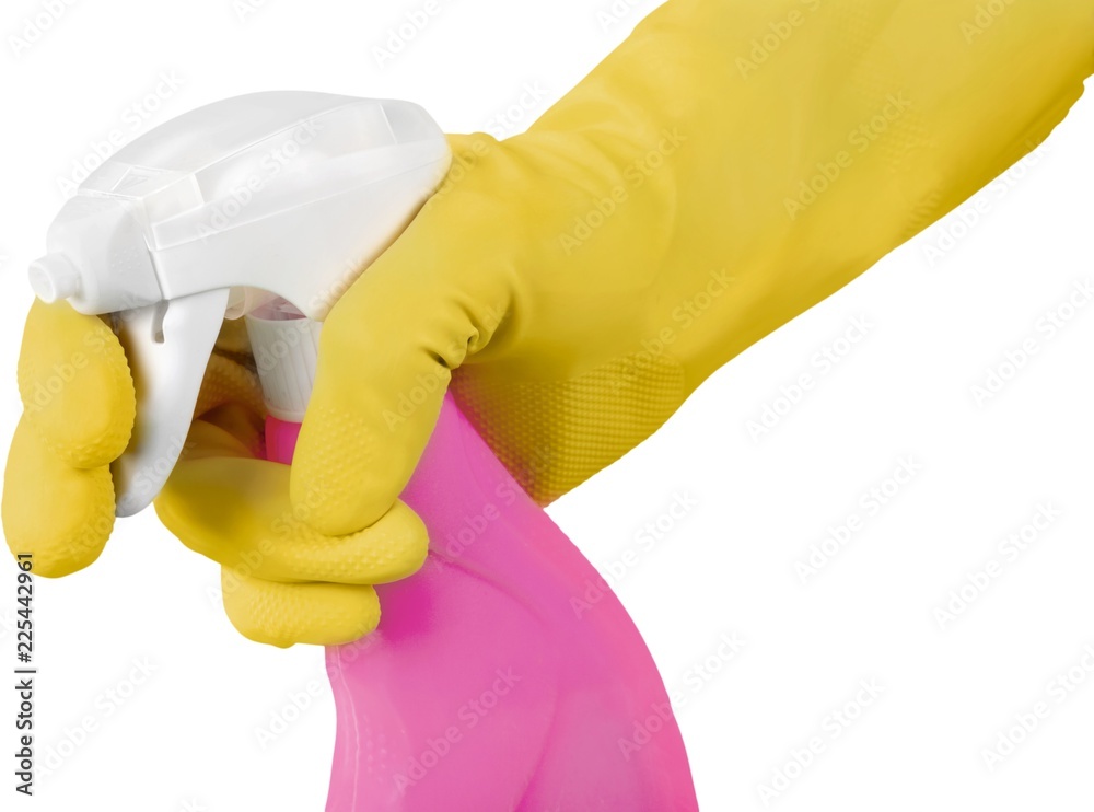 Hand in Rubber Glove Holding a Spray Bottle - Isolated