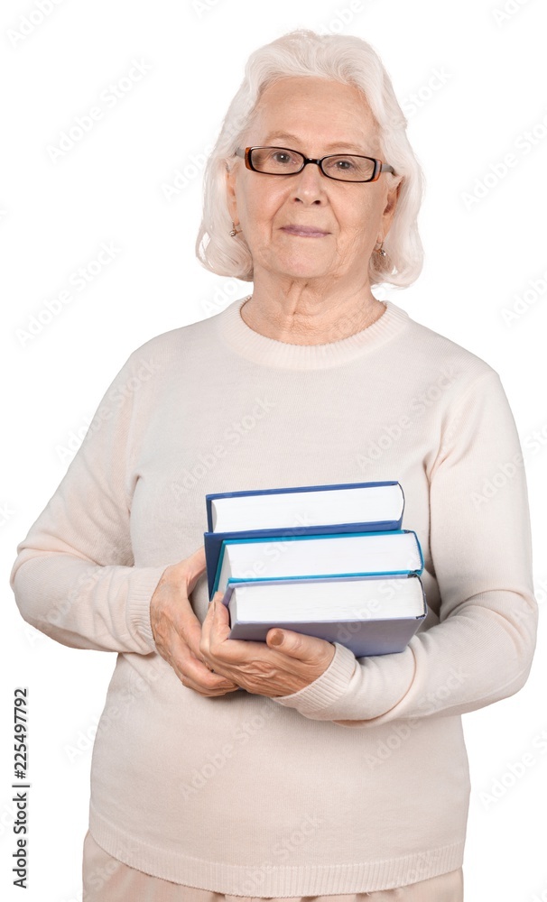 Grey hair woman holding books isolated on white background