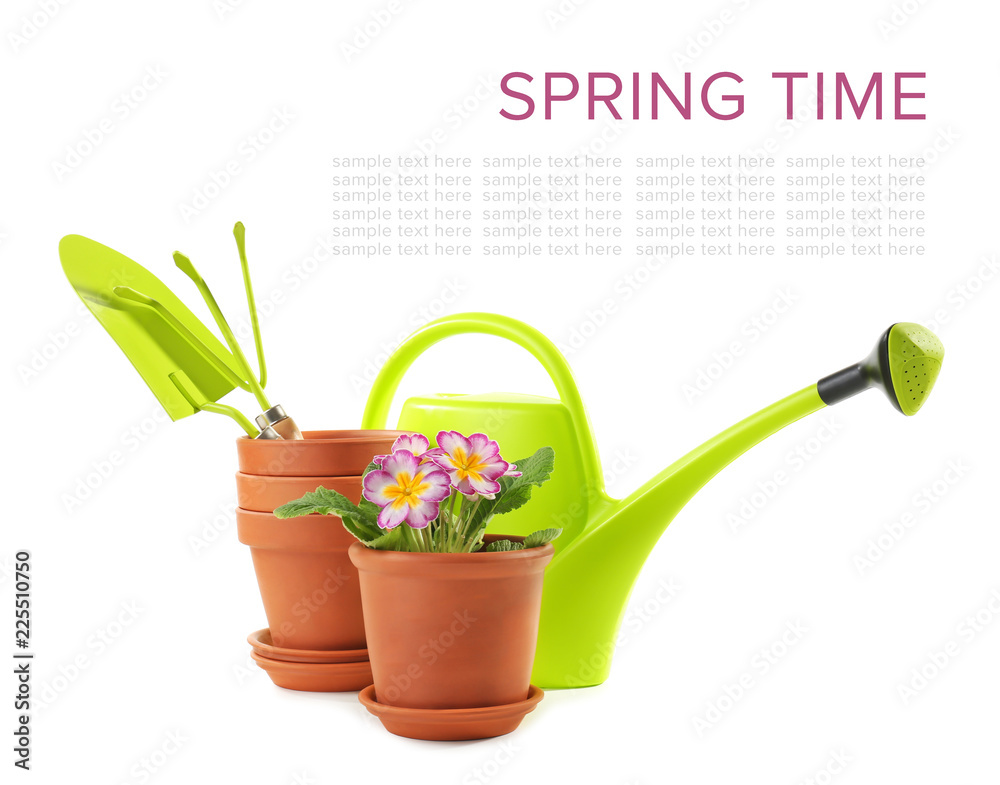 Flowerpots with gardening equipment on white background