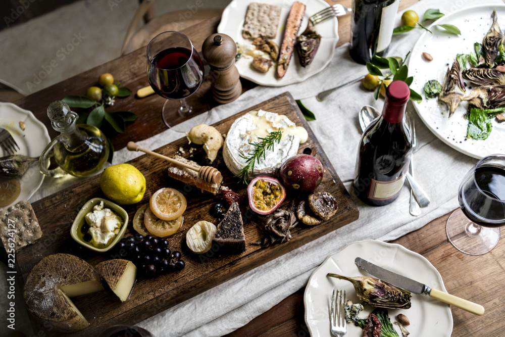 Rustic style dinner with cheese platter