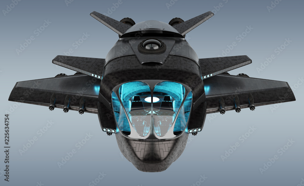 Futuristic spacecraft isolated on grey background 3D rendering