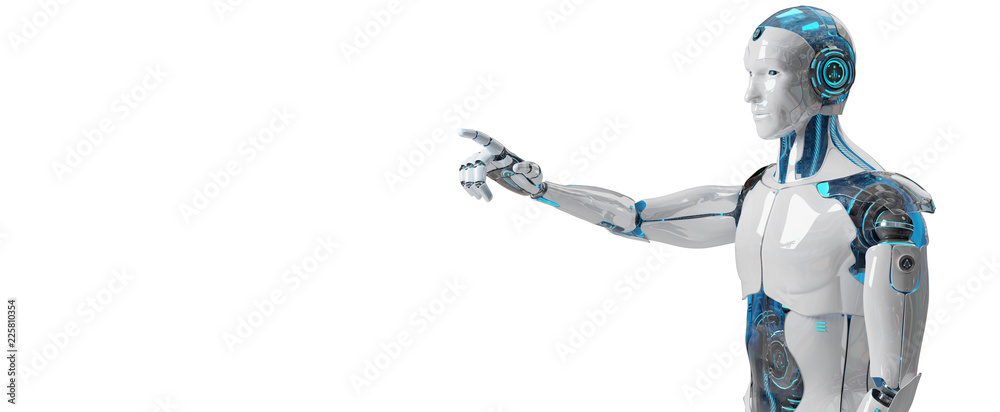 White male cyborg pointing his finger 3D rendering