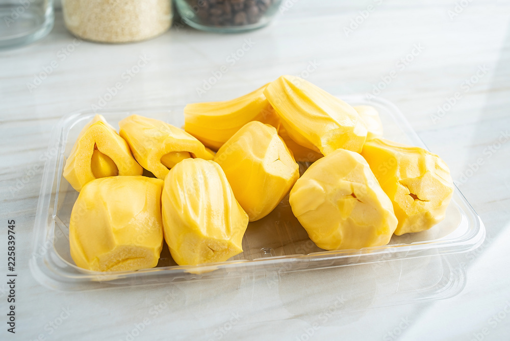 Fresh jackfruit pulp on the kitchen countertop