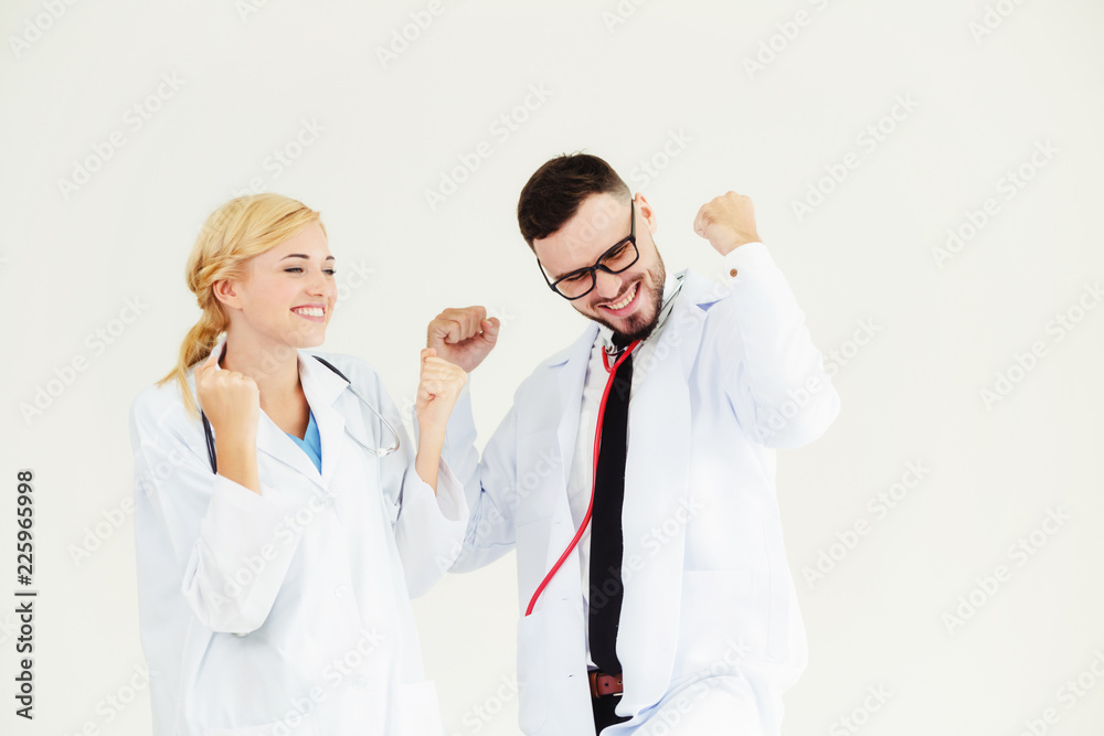 Happy doctor celebrates success with partner.