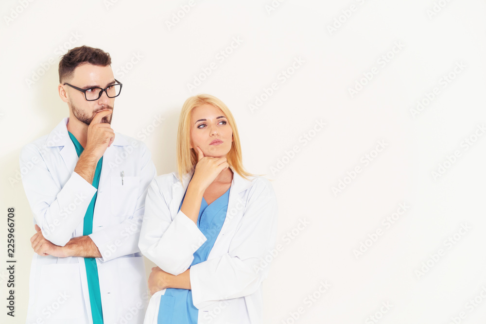 Doctors coworker thinking on white background.