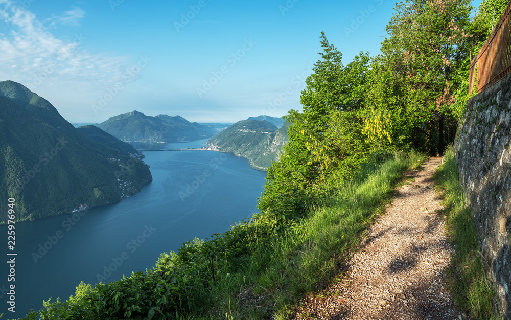 Village of Brè. Switzerland, May 12, 2018. Beautiful view of lake and mountain tops from Monte Brè M