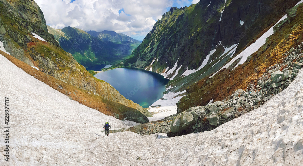 Morskie Oko.High Tatras，波兰，2018年5月27日。美丽的雪山山顶景观
1002360325,背景端有灯的网线和光纤。