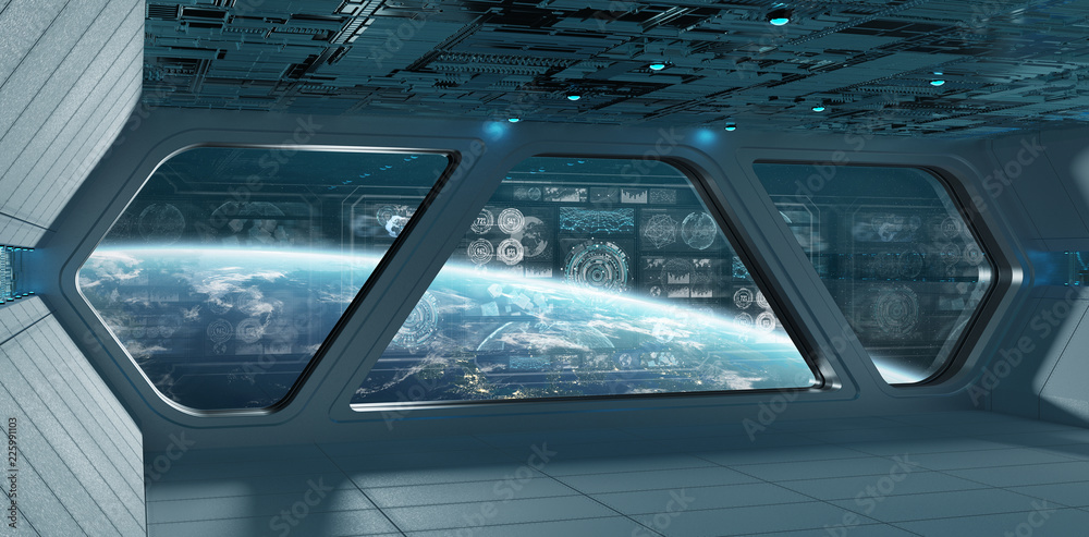 Blue spaceship interior with control panel screens 3D rendering