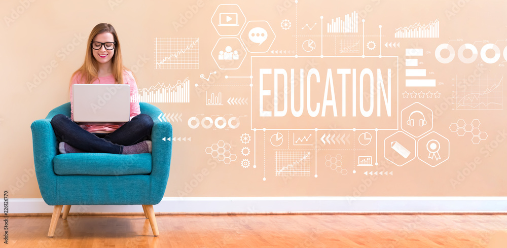 Education with young woman using her laptop in a chair