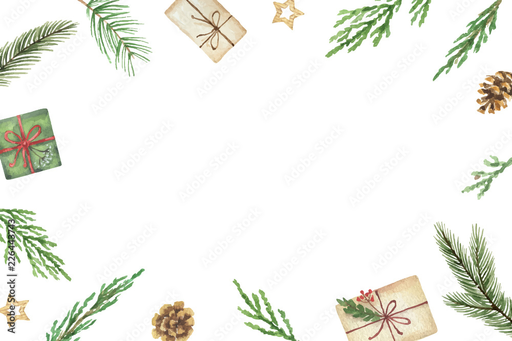 Watercolor vector Christmas frame with fir branches and place for text.