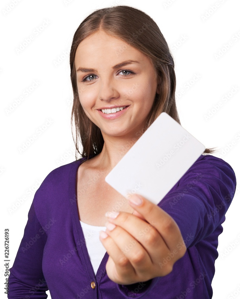 Portrait of a Smiling Young Woman Showing Blank Card