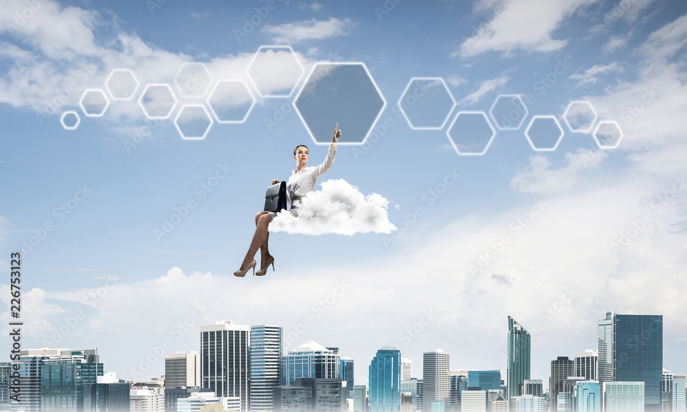 Elegant lady boss or accountant float on cloud and pointing with