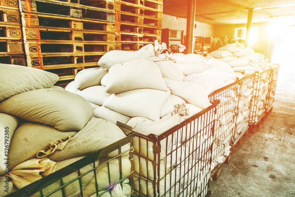 freshly harvested wheat in warehouse hall, quality control.