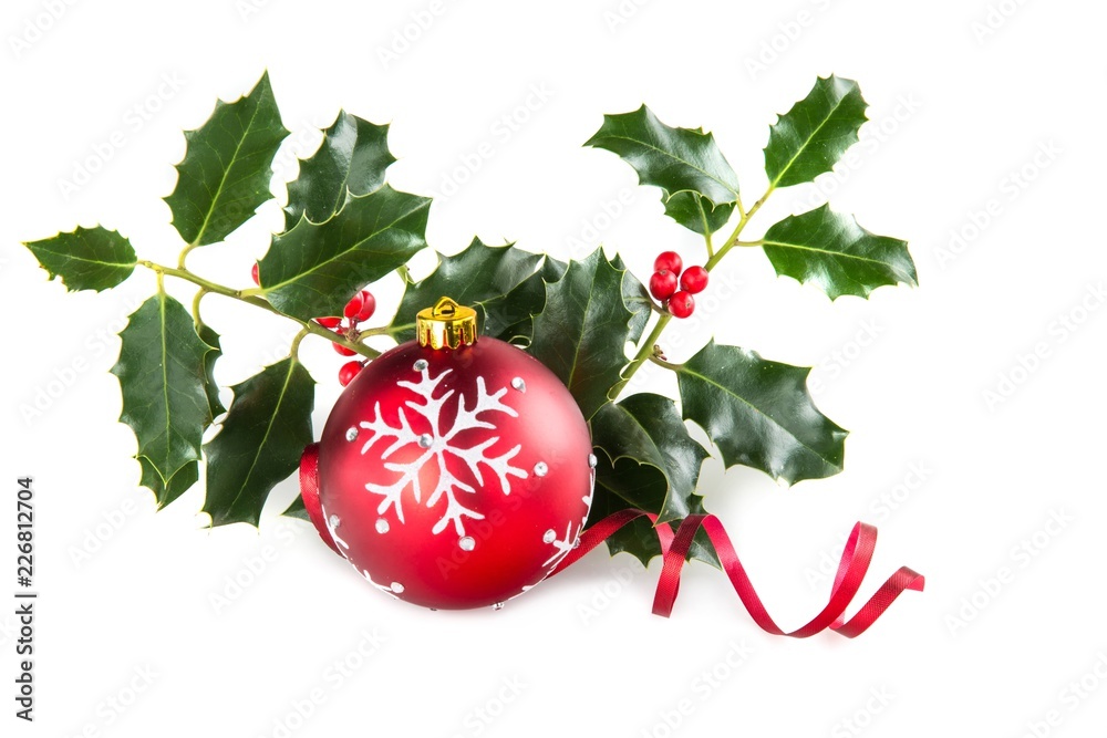 Sprigs of Christmas Holly with Red Bauble