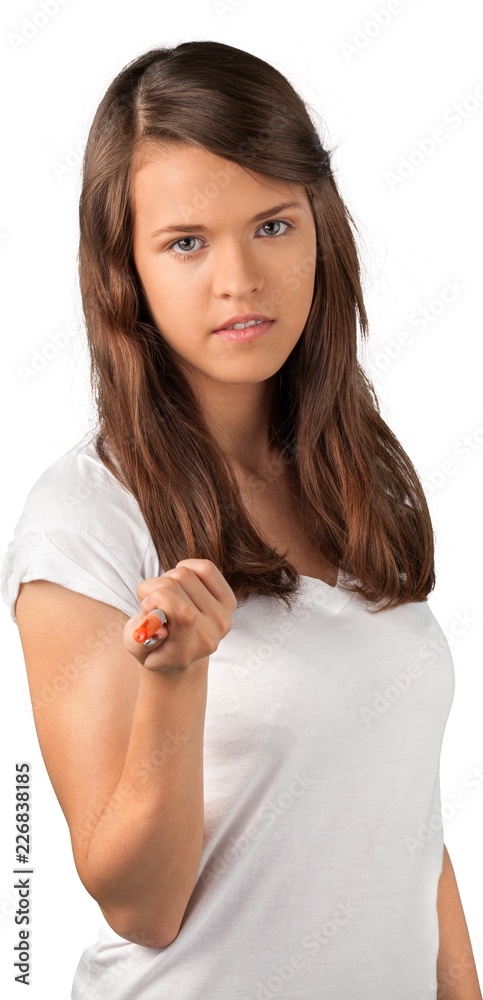 Portrait of a Young Woman Pointing Pen