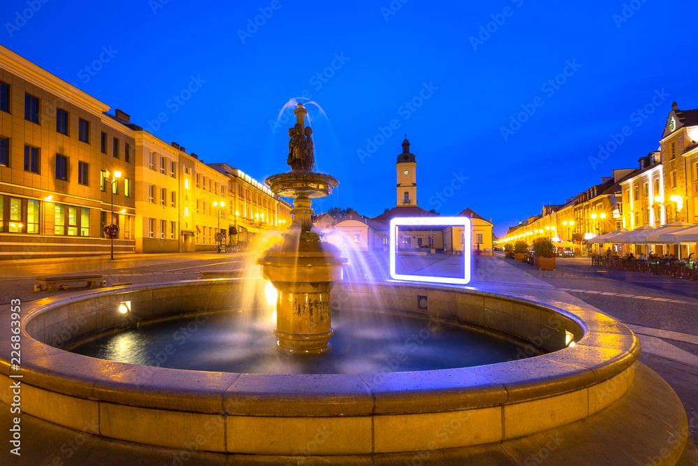 Fountain on the main square of Bialystok at night, Poland.