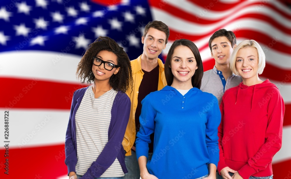 Group of students with books on american