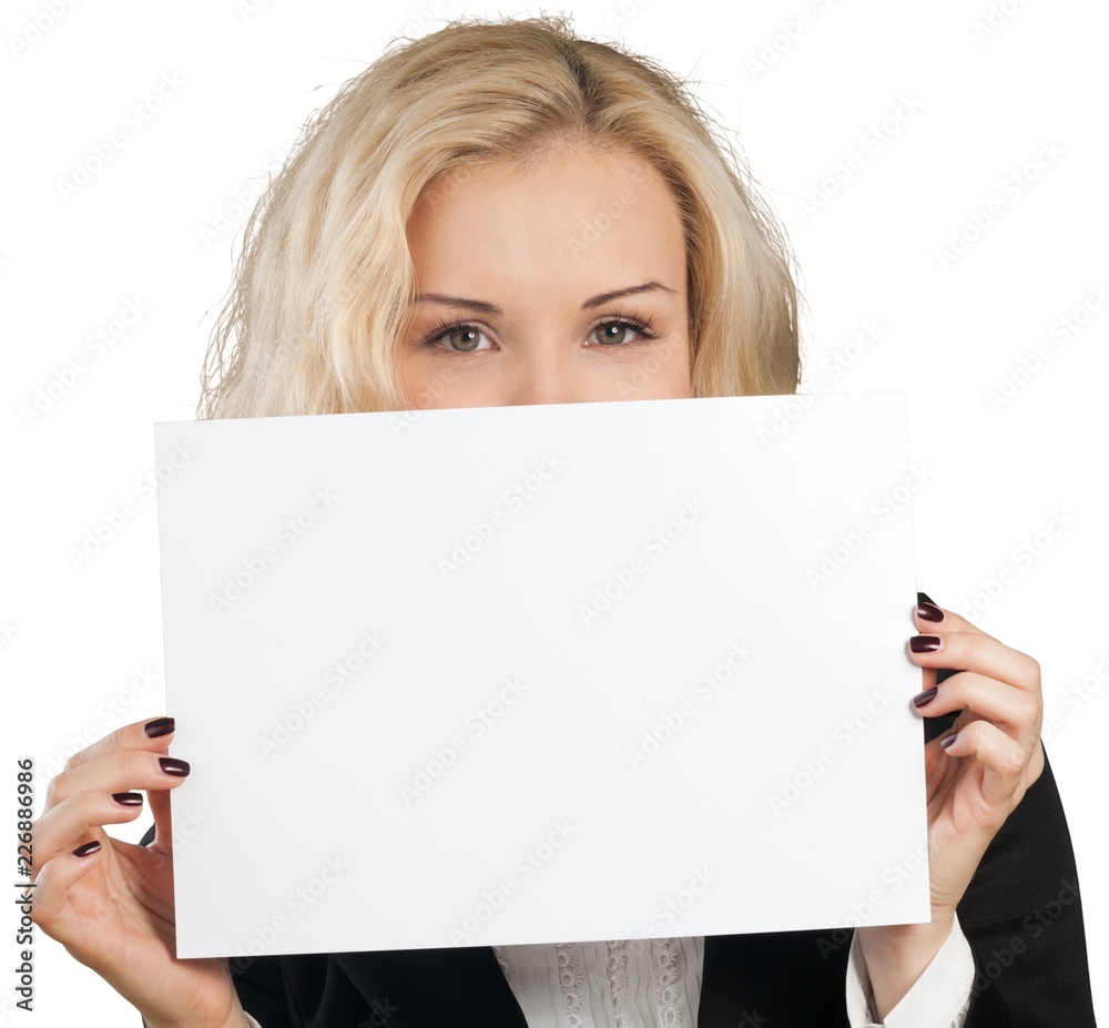 Young Businesswoman Holding a White Placeholder - Isolated