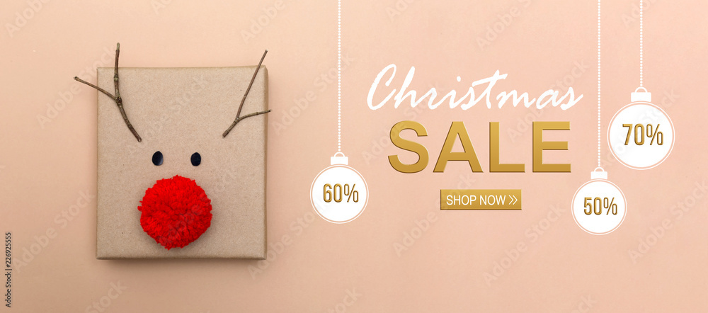 Christmas sale message with a red nose reindeer gift box