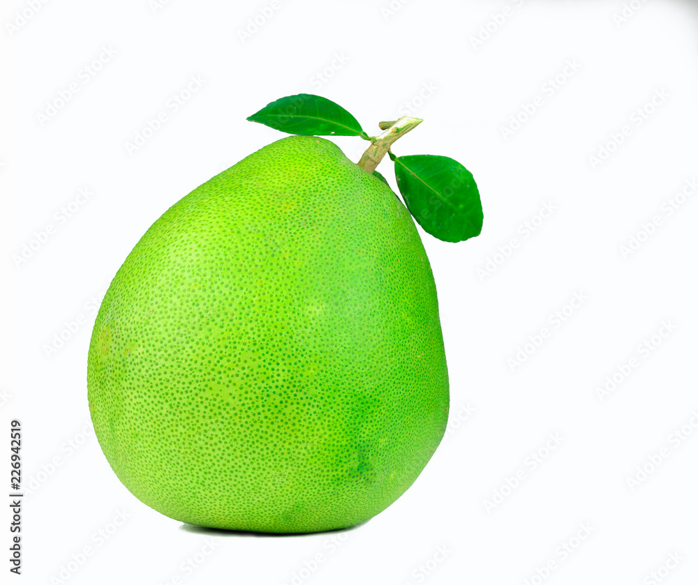 Pomelo with leaves isolated on white background. Tropical fruit. Natural source of vitamin C and pot