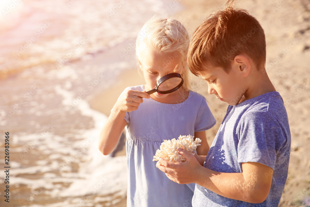 Cute little children looking at coral through magnifying glass on sea beach