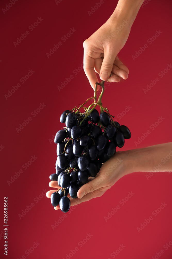 Woman holding ripe sweet grapes on color background