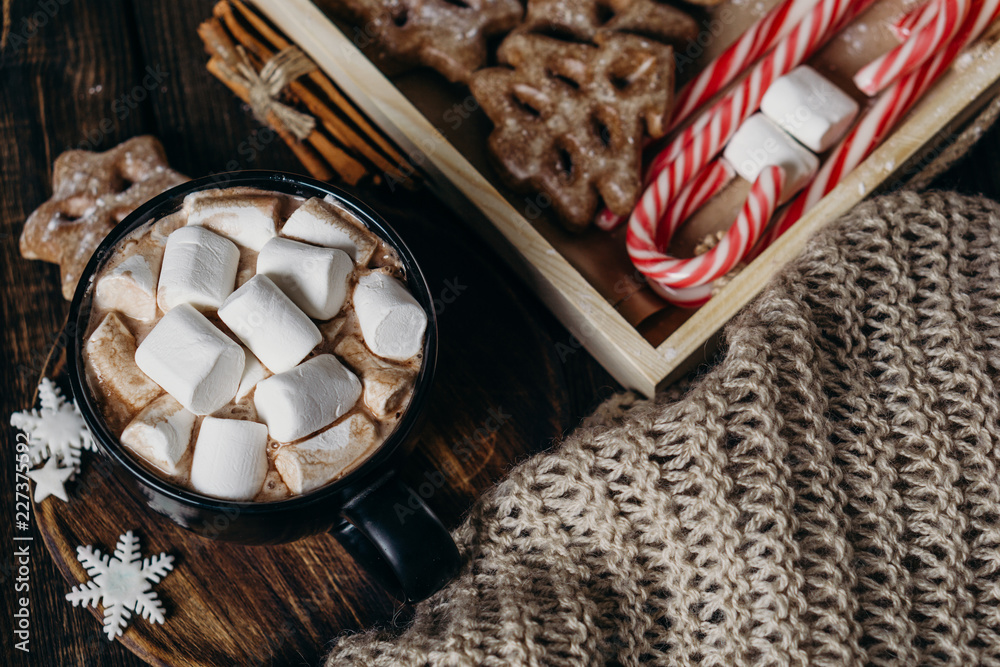 Christmas home atmosphere. Cozy and warming winter drink. Hot chocolate with melting marshmallows, d