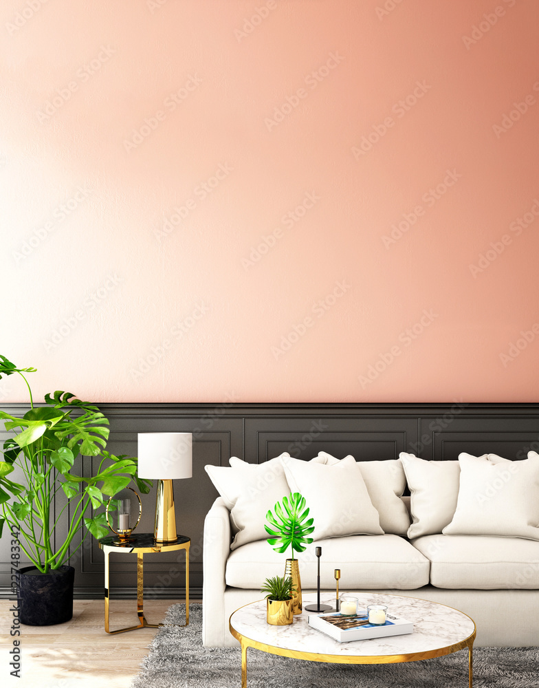 interior design for living area or reception with sofa,plant,sidetable,props on wood floor and pink 