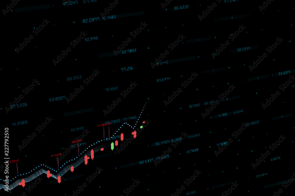 三维渲染，黑色背景的股票图表