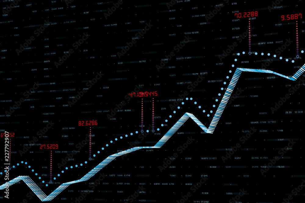 三维渲染，黑色背景的股票图表