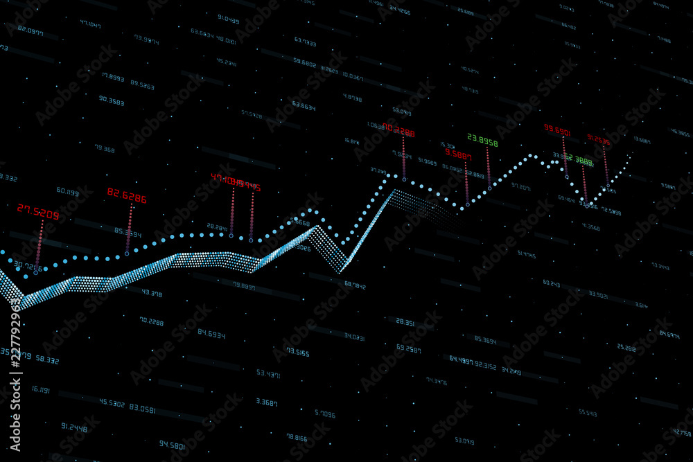 3d渲染，黑色背景的股票图表