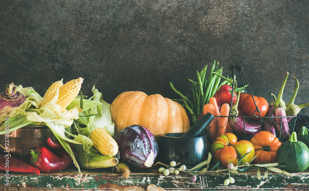 Fall vegetarian food ingredient variety. Assortment of various Autumn vegetables for healthy cooking