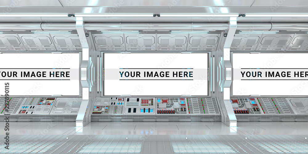 White spaceship interior with large window view 3D rendering