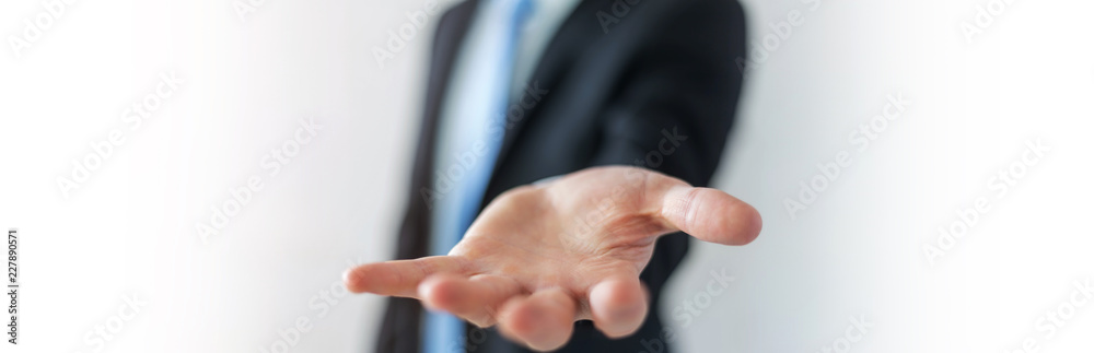 Panorama view of empty businessman hand