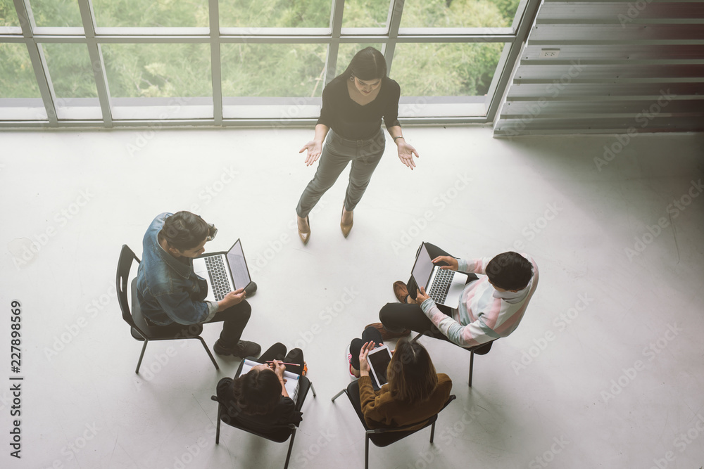 Top view of casual business team people meeting conference discussion corporate in office