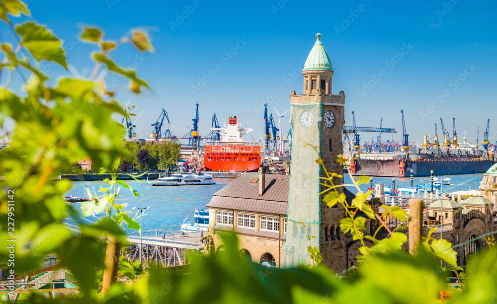 Hamburg Landungsbrücken with Elbe river in summer, Germany