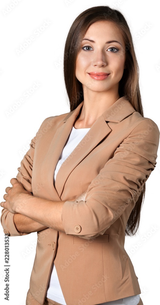 Portrait of young businesswoman in suit isolated on white