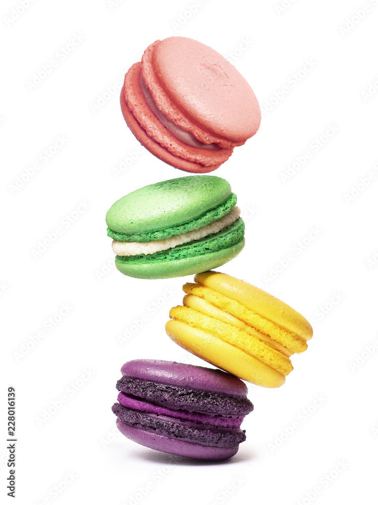 Stack of colored macaroon close-up isolated on white background