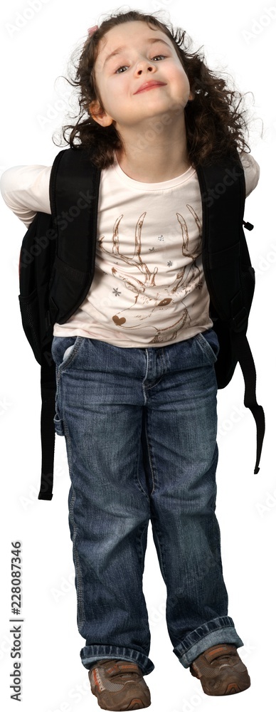 Smiling Little Girl with Backpack, Isolated on Transparent