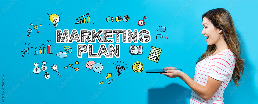 Marketing plan with young woman using her tablet