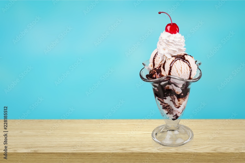 Chocolate ice cream in glass on  table