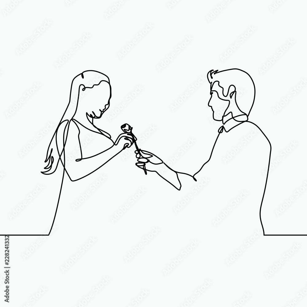 A man give a flower to a girl. Romantic moment with single one continuous line art drawing.