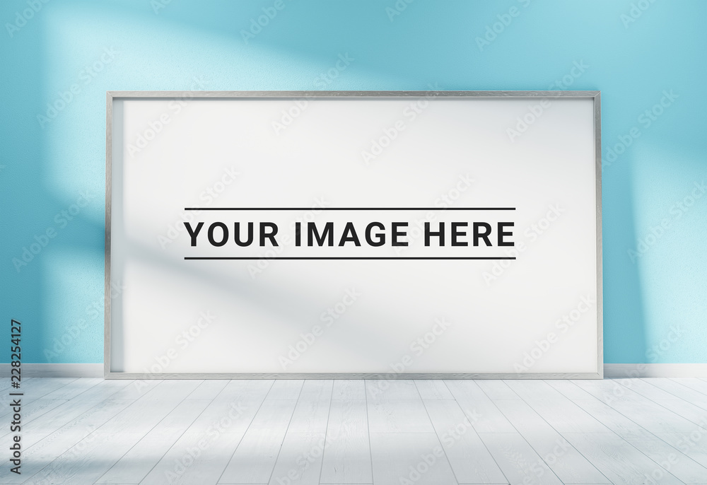 Large horizontal frame leaning on a blue wall 3D rendering